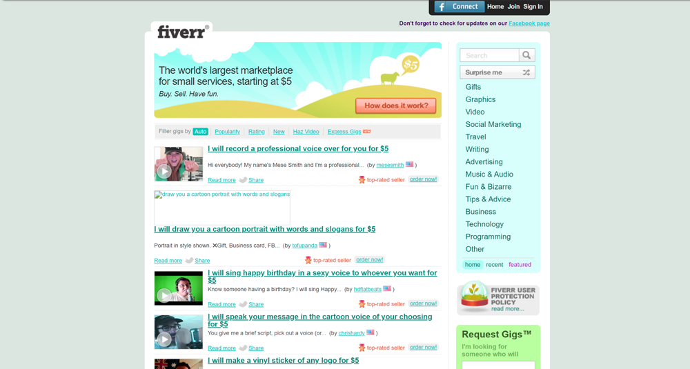 Fiverr circa 2013, courtesy of The Wayback Machine.